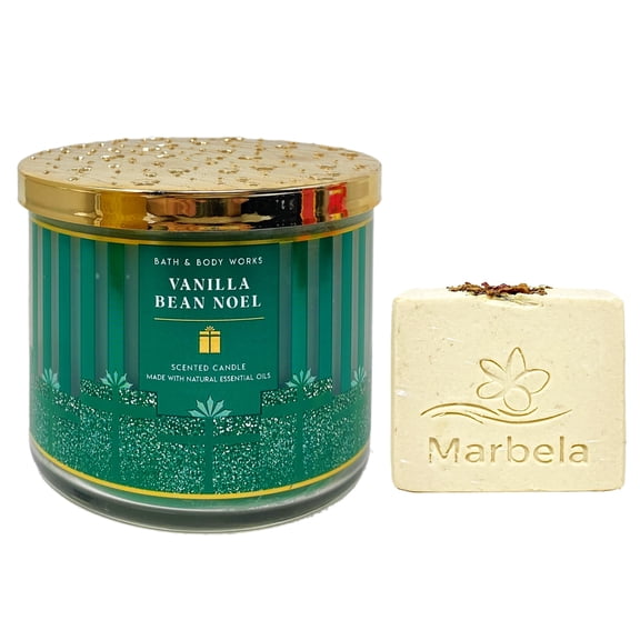 Bath & Body Works Vanilla Bean Noel 3-Wick Scented Candle with a Creamy Rose Bar Soap