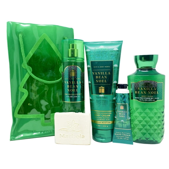 Bath & Body Works Vanilla Bean Noel Gift Bag Set - Fine Fragance Mist, Body Cream, Body Wash and Hand Cream With a Natural Oats Sample Soap.