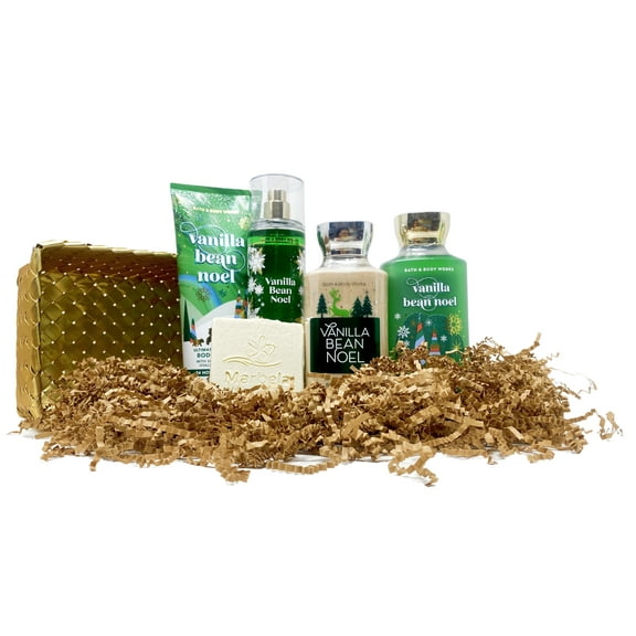 Bath & Body Works Vanilla Bean Noel Gold Woven Basket 4 Piece Gift Set - Fine Fragrance Mist, Body Cream, Body Lotion and Shower Gel With a Natural Oats Sample Soap