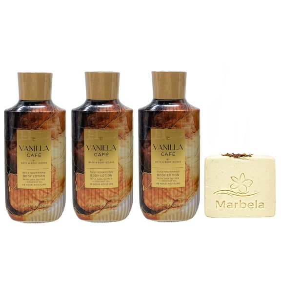 Bath & Body Works Vanilla Caf 3 Daily Nourishing Body Lotions with a Creamy Rose Bar Soap