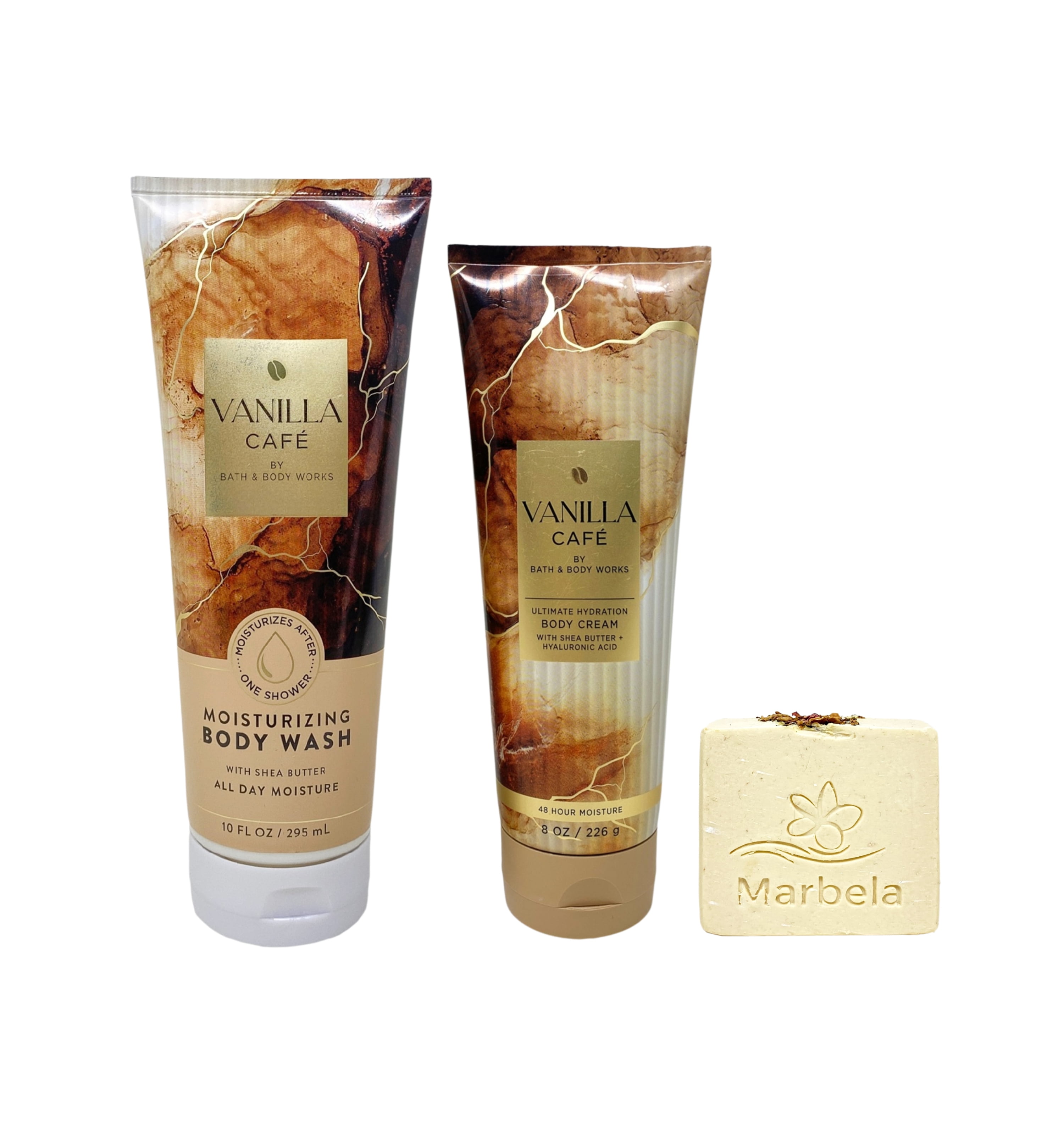 Bath & Body Works Vanilla Café Moisturizing Body Wash and Ultimate Hydration Body Cream with a Creamy Rose Bar Soap