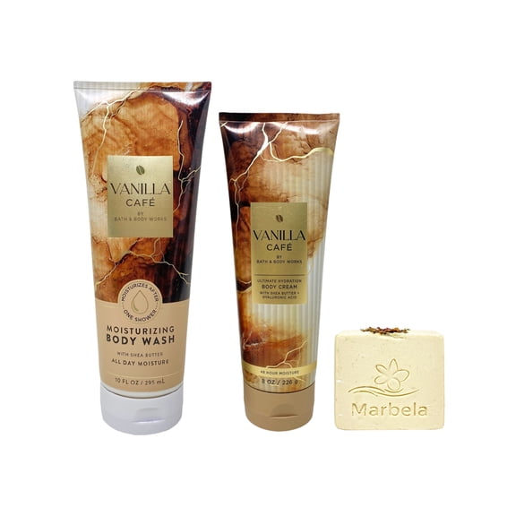 Bath & Body Works Vanilla Caf Moisturizing Body Wash and Ultimate Hydration Body Cream with a Creamy Rose Bar Soap