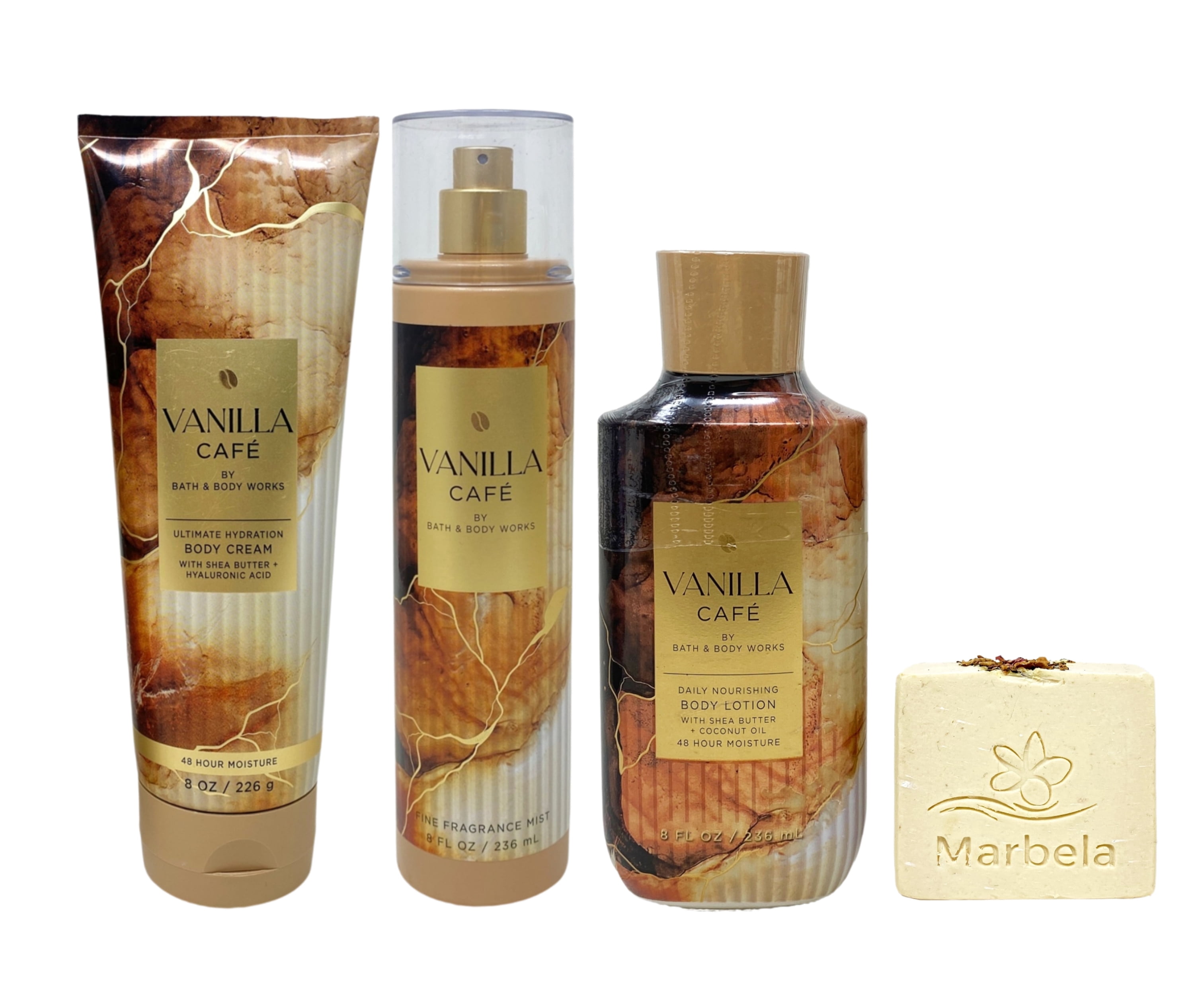 Bath & Body Works Vanilla Café Ultimate Hydration Body Cream, Fine Fragrance Mist and Shower Gel with a Creamy Rose Bar Soap