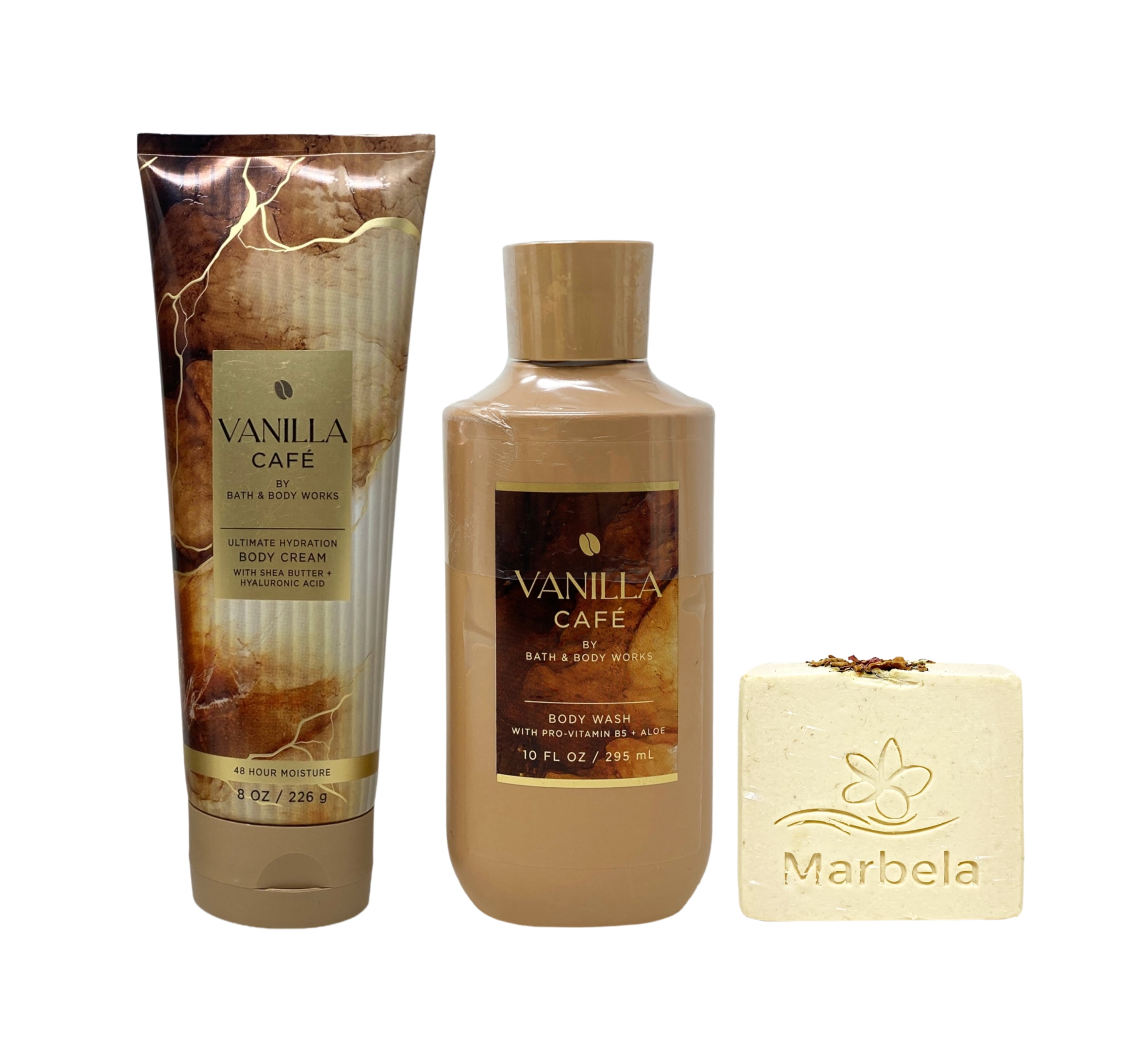 Bath & Body Works Vanilla Café Ultimate Hydration Body Cream and Body Wash with a Creamy Rose Bar Soap
