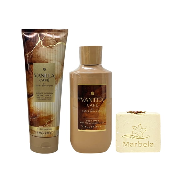 Bath & Body Works Vanilla Caf Ultimate Hydration Body Cream and Body Wash with a Creamy Rose Bar Soap