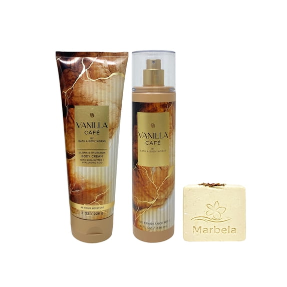 Bath & Body Works Vanilla Café Ultimate Hydration Body Cream and Fine Fragrance Mist with a Creamy Rose Bar Soap