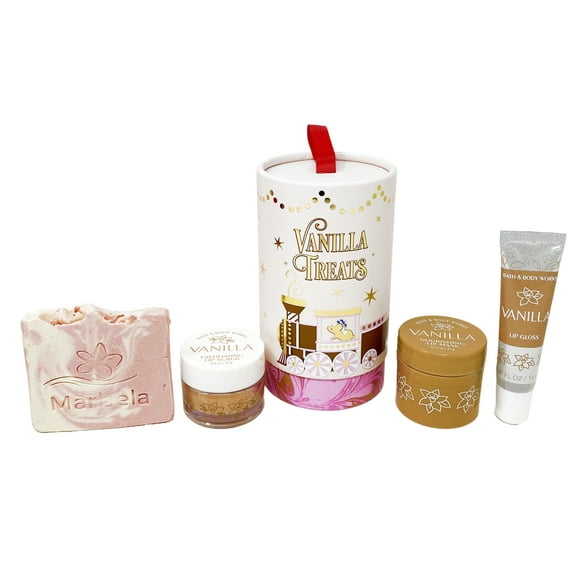 Bath & Body Works Vanilla - Mini Gift Set - Lip Scrub, Lip Mask and Lip Gloss With a Himalayan Salts Springs Bar Soap.