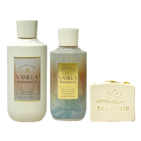 Bath & Body Works Vanilla Romance Body Wash and Body Lotion Duo Set with a Wild Jasmine Bar Soap - Full Size