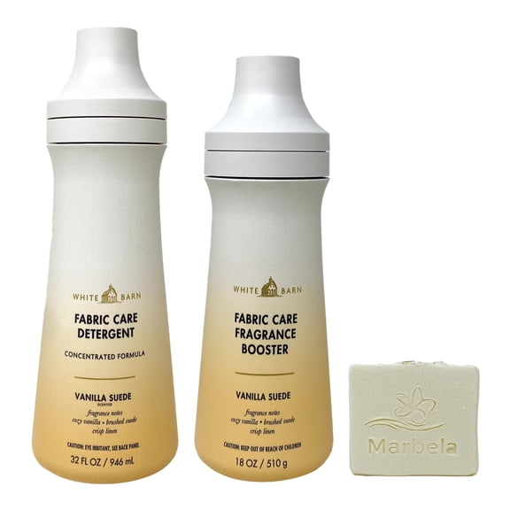 Bath & Body Works Vanilla Suede Fabric Care Detergent and Fragrance Booster Gift Set Bundle with a Marbela Natural Oats Bar Soap - Full Size