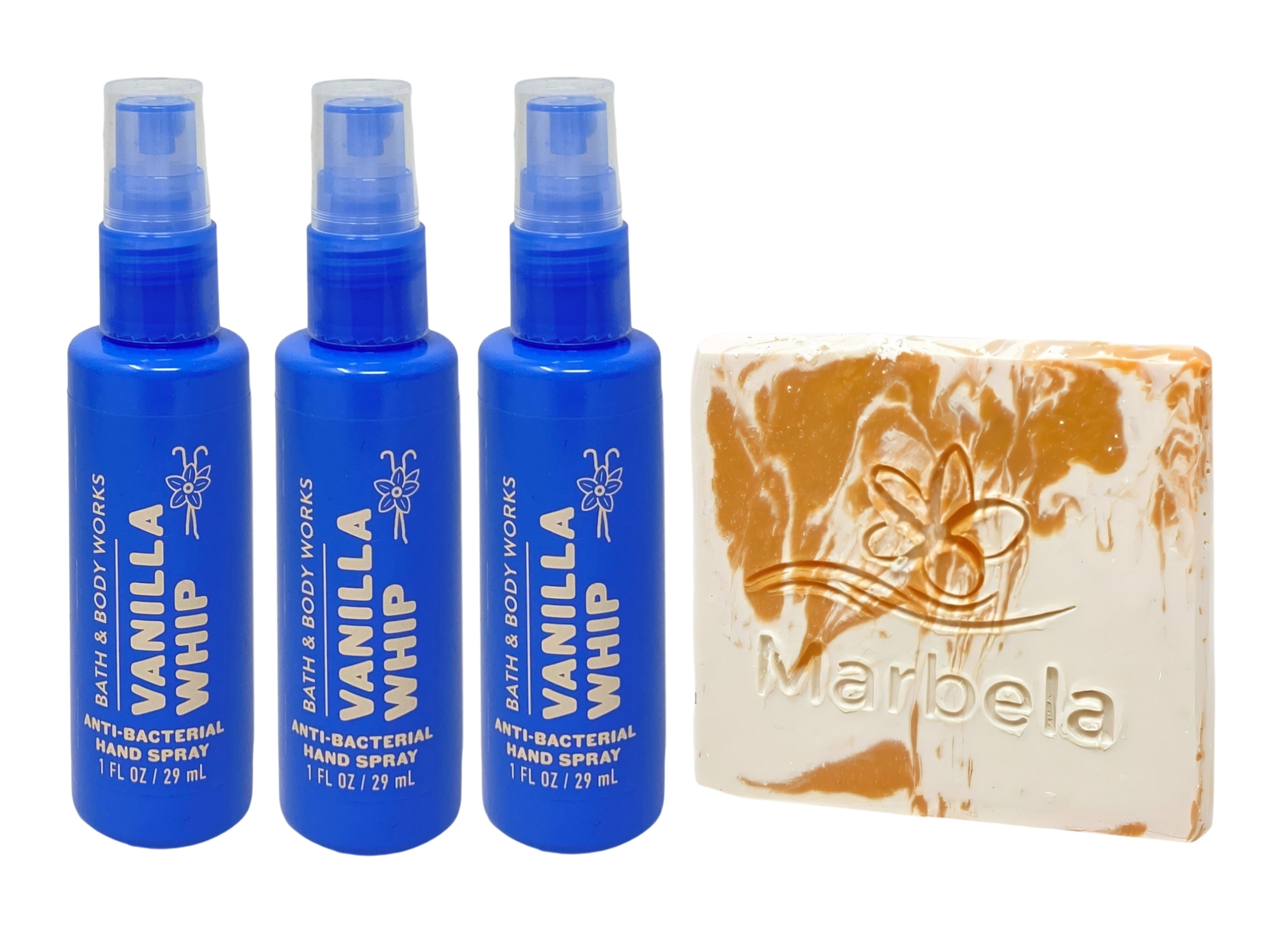 Bath & Body Works Vanilla Whip 3 - Hand Sprays - (1 fl oz / 29 ml Each) with a Peach Gardenia Mini Soap