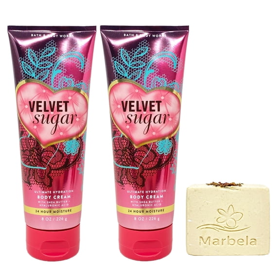 Bath & Body Works Velvet Sugar 2 Ultimate Hydration Body Creams with a Creamy Rose Bar Soap
