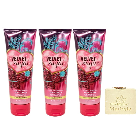 Bath & Body Works Velvet Sugar 3 Ultimate Hydration Body Creams with a Creamy Rose Bar Soap