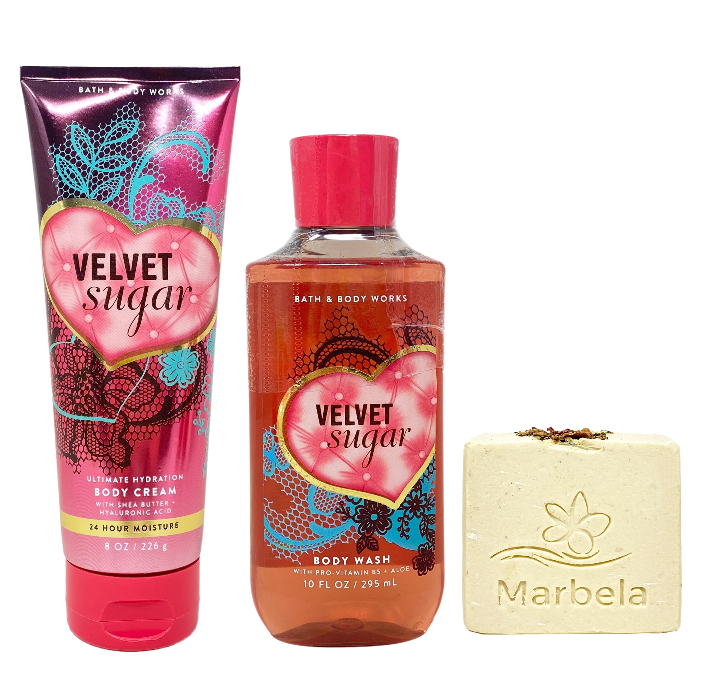 Bath & Body Works Velvet Sugar Ultimate Hydration Body Cream and Body Wash with a  Creamy Rose Bar Soap