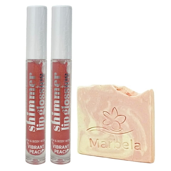 Bath & Body Works Vibrant Peach 2 Pack Lip Glossies Bundle with a Himalayan Salts Springs Sample Soap