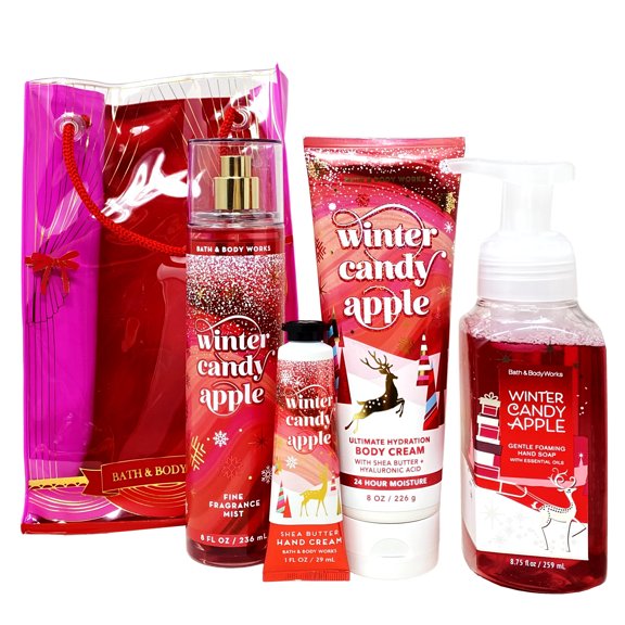 Bath & Body Works WINTER CANDY APPLE Gift 4pc Bag Set - Fragrance Mist - Body Cream - Hand Soap and Hand Cream - Full Size