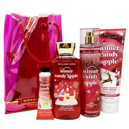 Bath & Body Works WINTER CANDY APPLE Gift Bag Set - Fine Fragrance Mist, Body Cream, Shower Gel, Shea Butter Hand Cream