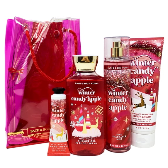 Bath & Body Works WINTER CANDY APPLE Gift Bag Set - Fine Fragrance Mist, Body Cream, Shower Gel, Shea Butter Hand Cream