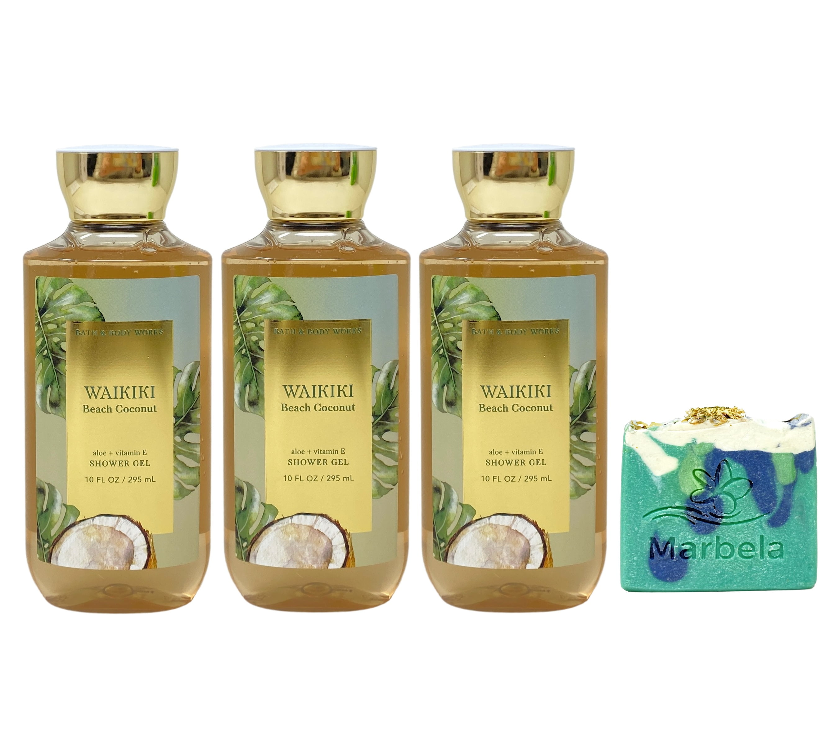 Bath & Body Works Waikiki Beach Coconut 3 Pack Shower Gel Bundle with an Aloe Vera Bar Soap - Full Size