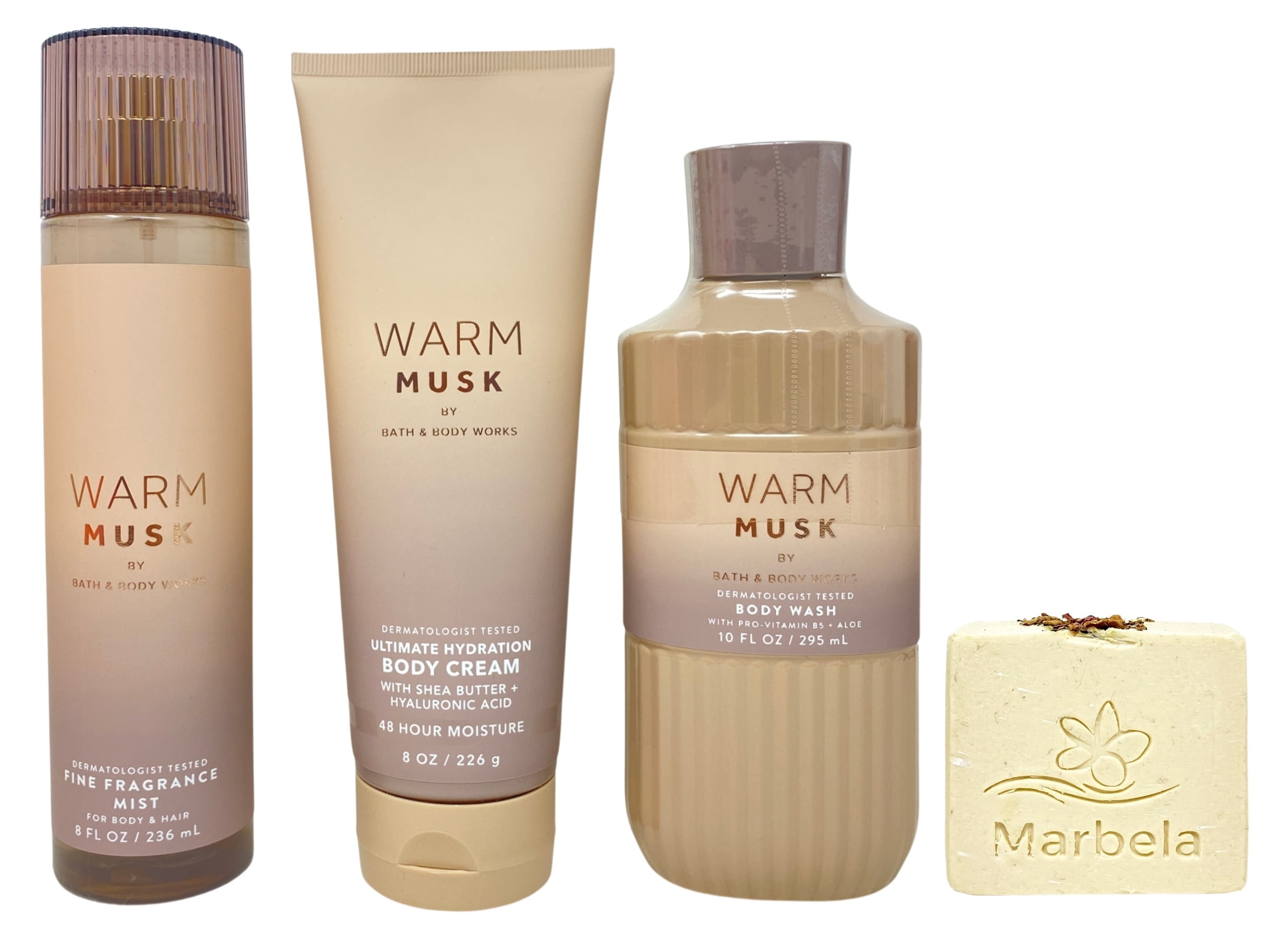 Bath & Body Works Warm Musk Fine Fragrance Mist, Ultimate Hydration Body Cream and Body Wash with a Creamy Rose Bar Soap