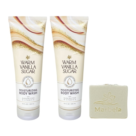 Bath & Body Works Warm Vanilla Sugar 2 Moisturizing Body Washes with a Natural Oats Bar Soap