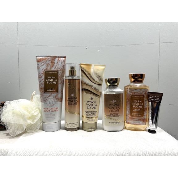 Bath & Body Works Warm Vanilla Sugar 7 Piece Gift Set (Body Wash 10 fl oz, Fragrance Mist 8 fl oz, Body Cream 8 oz, Body Lotion 8 fl oz, Shower Gel 10 fl oz, Hand Cream 1 fl oz, and Shower Sponge)