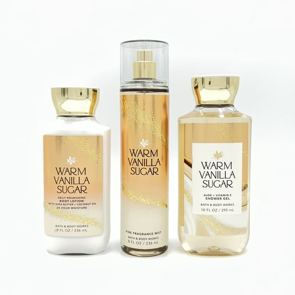 Bath & Body Works Warm Vanilla Sugar 8oz Body Lotion, 8oz Fine Fragrance Mist and 10oz Shower Gel 3-Piece Bundle