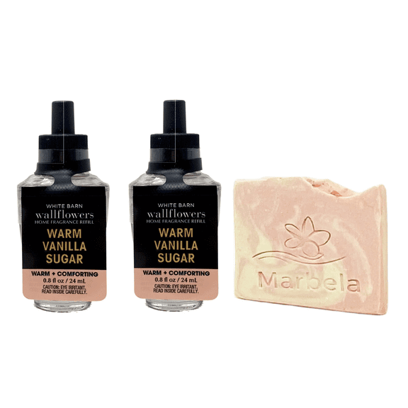 Bath & Body Works Warm Vanilla Sugar Wallflowers Home Fragrance Refills 2 Pack and Marbela Himalayan Salts Springs Sample Bar Soap