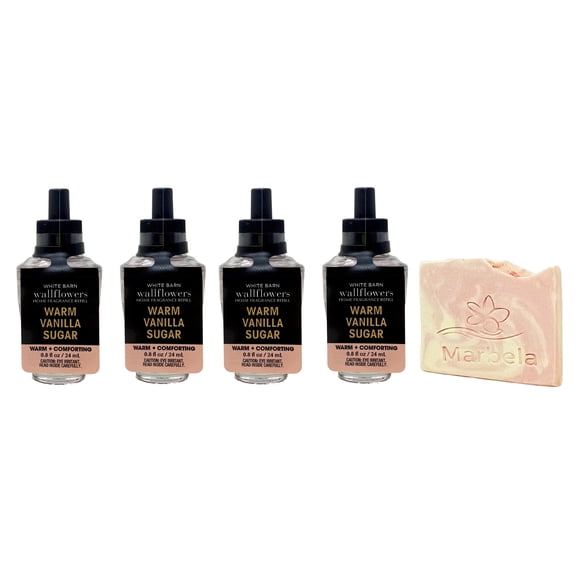 Bath & Body Works Warm Vanilla Sugar Wallflowers Home Fragrance Refills 4 Pack and Marbela Himalayan Salts Springs Sample Bar Soap
