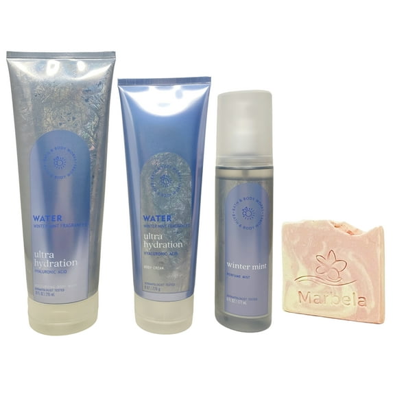 Bath & Body Works Water Winter Mint Moisturizing Body Wash, Body Cream and Perfume Mist with a Himalayan Salts Springs Sample Soap