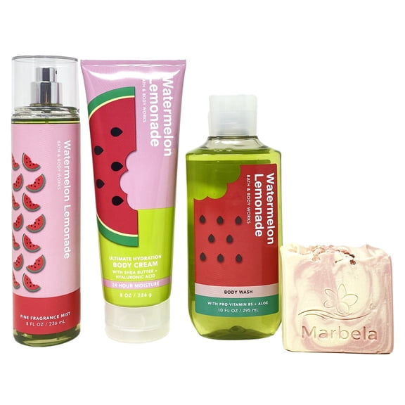 Bath & Body Works Watermelon Lemonade Trio Gift Set with a Marbela Himalayan Salts Springs Bar Soap - Fragrance Mist - Body Cream and Body Wash - Full Size