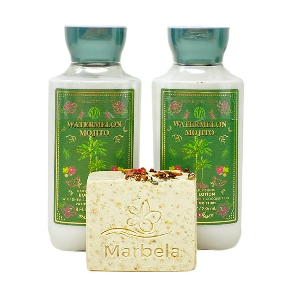 Bath & Body Works Watermelon Mojito Daily Nourishing Body Lotion 2 Piece Set with a Creamy Rose Bar Soap