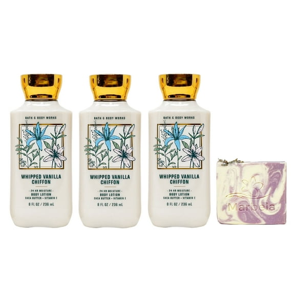Bath & Body Works Whipped Vanilla Chiffon 3 Piece Body Lotion Value Pack with a Marbela Lavender Dream Bar Soap - Full Size