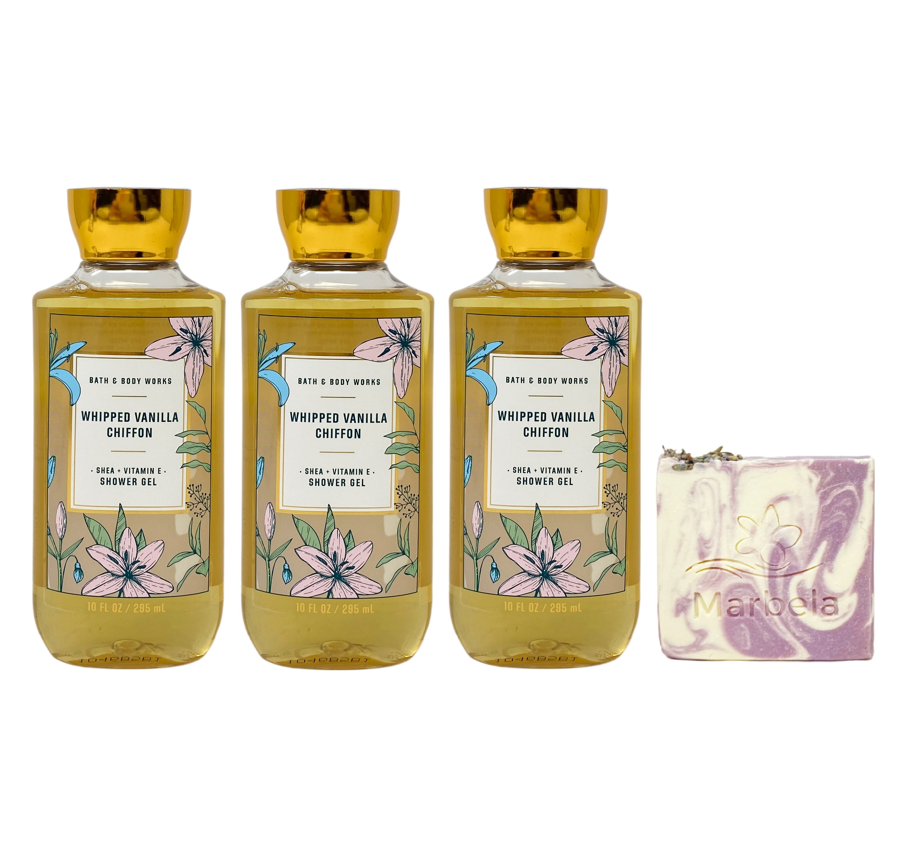 Bath & Body Works Whipped Vanilla Chiffon 3 Piece Shower Gel Value Pack with a Marbela Lavender Dream Bar Soap - Full Size