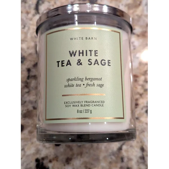 Bath & Body Works, White Barn 1-Wick Candle w/Essential Oils White Tea & Sage - 8 oz