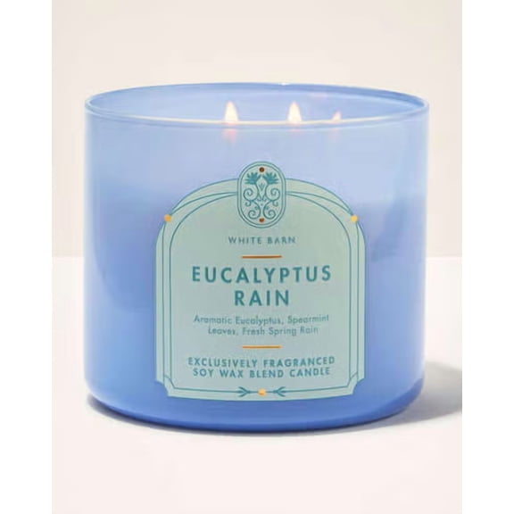 Bath & Body Works White Barn EUCALYPTUS RAIN Scented 3 Wick Candle 14.5 oz - Aromatic Eucalyptus, Spearmint Leaves and Fresh Spring Rain