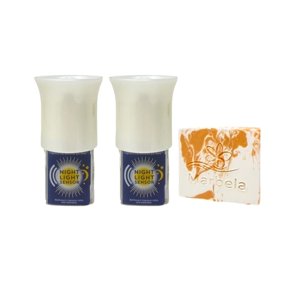 Bath & Body Works White Flare 2 Wallflowers Fragrance Plug Nightlight Sensor with a Peach Gardenia Mini Soap