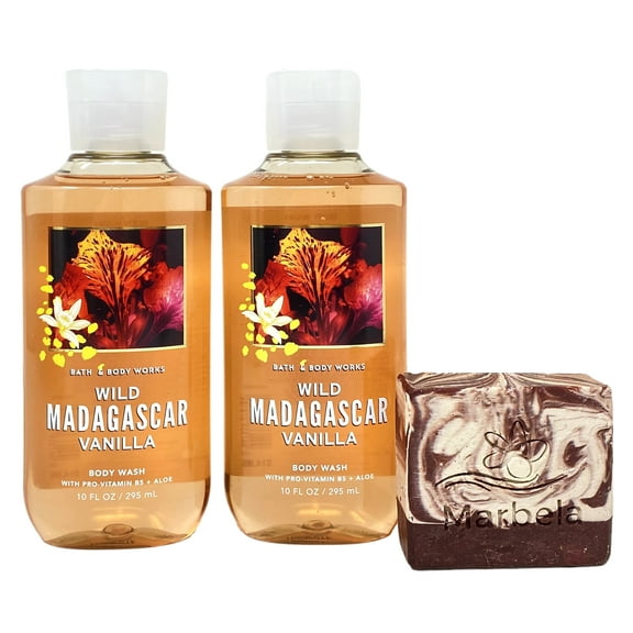 Bath & Body Works Wild Madagascar Vanilla 2 Pack Body Wash Bundle with a Marbela Cherry On Top Bar Soap - Full Size