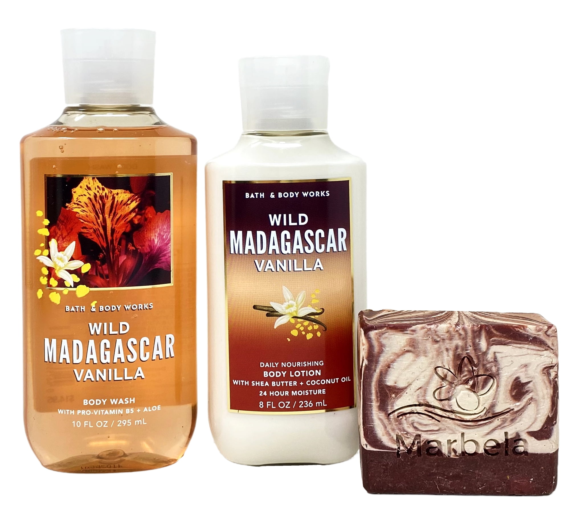 Bath & Body Works Wild Madagascar Vanilla 2 Piece Bundle with a Marbela Cherry On Top Bar Soap - Body Wash and Body Lotion - Full Size