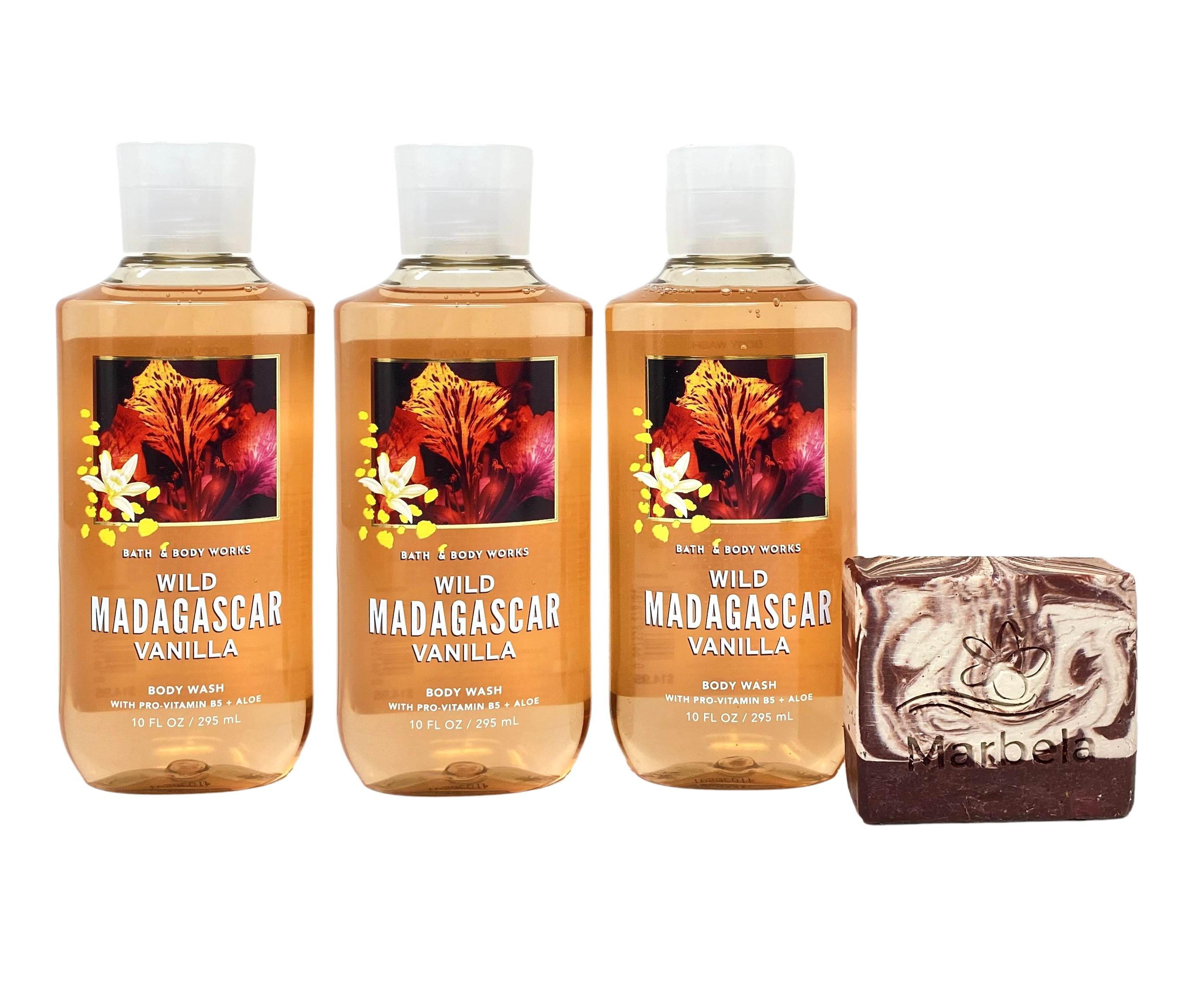 Bath & Body Works Wild Madagascar Vanilla Body Wash 3 Pack with a Cherry On Top Bar Soap.