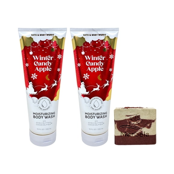 Bath & Body Works Winter Candy Apple 2 Moisturizing Body Washes with a Cherry On Top Bar Soap