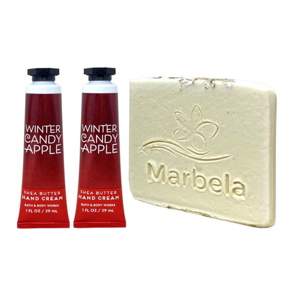 Bath & Body Works Winter Candy Apple 2 Shea Butter Hand Creams with a Natural Oats Mini Soap