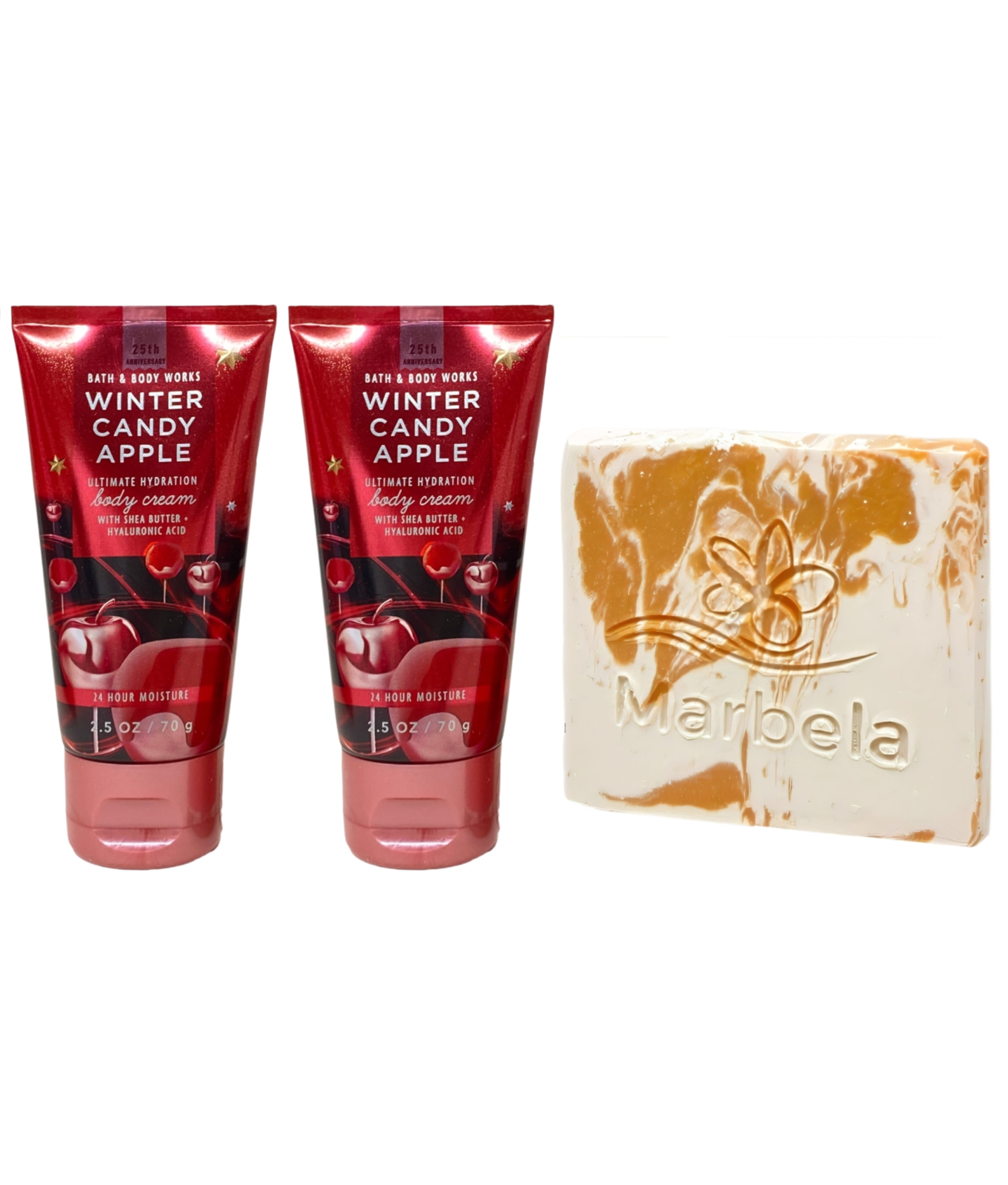 Bath & Body Works Winter Candy Apple 2 Ultimate Hydration Body Creams with a Peach Gardenia Mini Soap - Travel Size