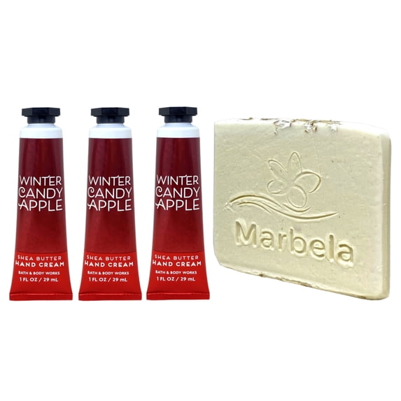 Bath & Body Works Winter Candy Apple 3 Shea Butter Hand Creams with a Natural Oats Mini Soap
