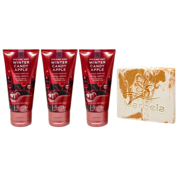 Bath & Body Works Winter Candy Apple 3 Ultimate Hydration Body Creams with a Peach Gardenia Mini Soap - Travel Size
