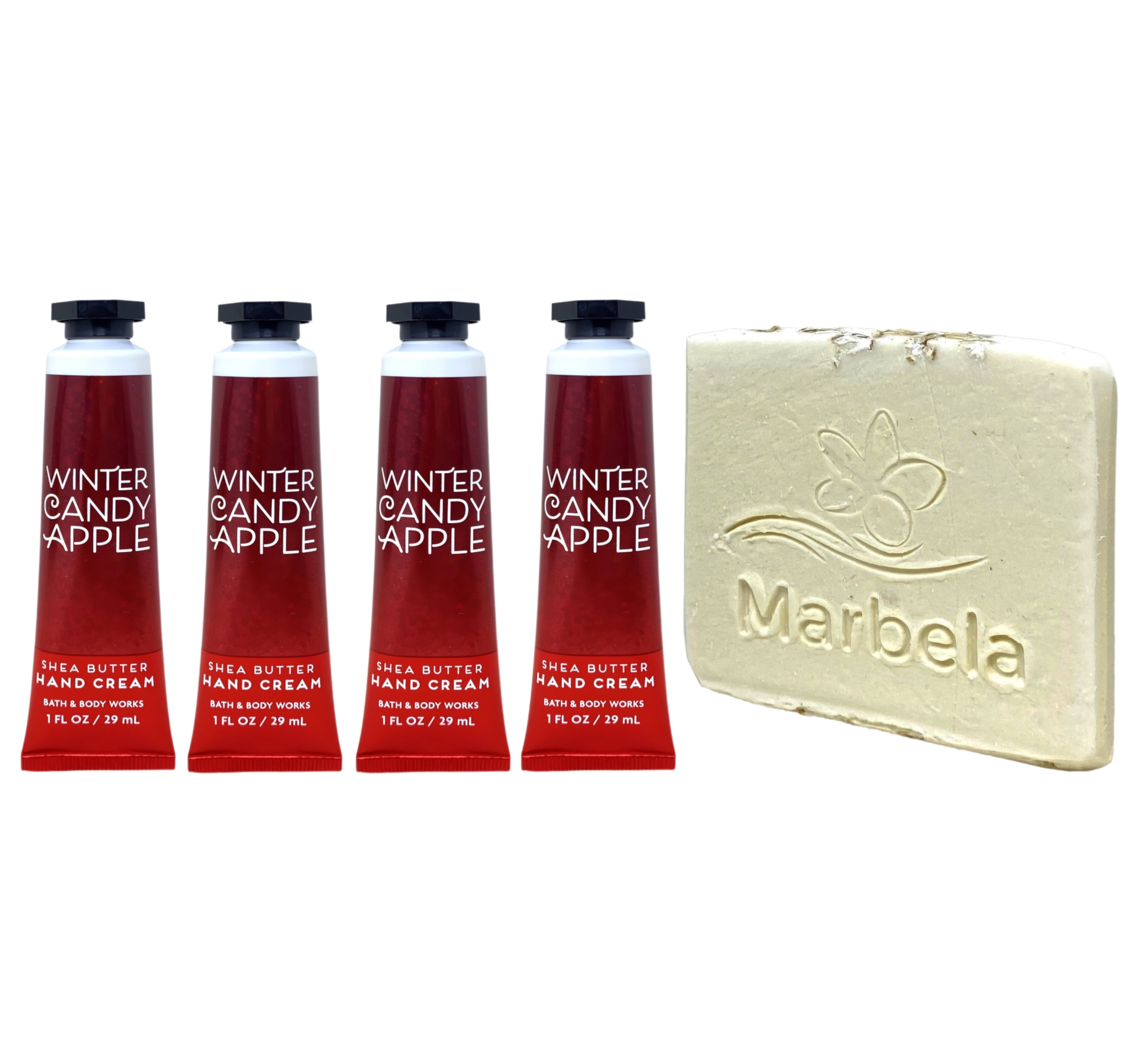 Bath & Body Works Winter Candy Apple 4 Shea Butter Hand Creams with a Natural Oats Mini Soap