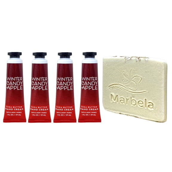 Bath & Body Works Winter Candy Apple 4 Shea Butter Hand Creams with a Natural Oats Mini Soap