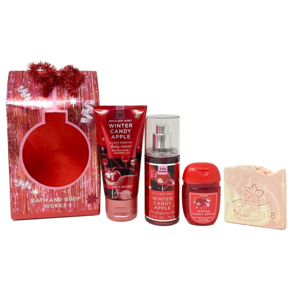 Bath & Body Works Winter Candy Apple Mini Gift Bag Trio Set - Body Cream, Fragrance Mist and Hand Gel with a Himalayan Salts Sample Soap - Travel Size