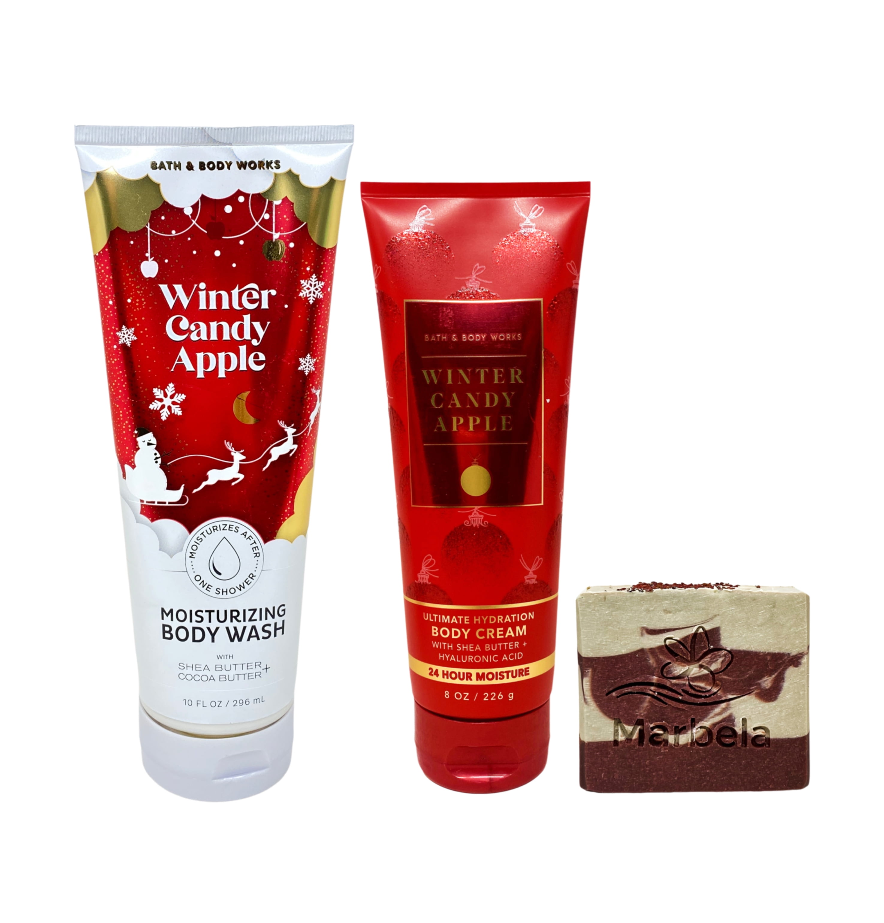 Bath & Body Works Winter Candy Apple Moisturizing Body Wash and Ultimate Hydration Body Cream with a Cherry On Top Bar Soap