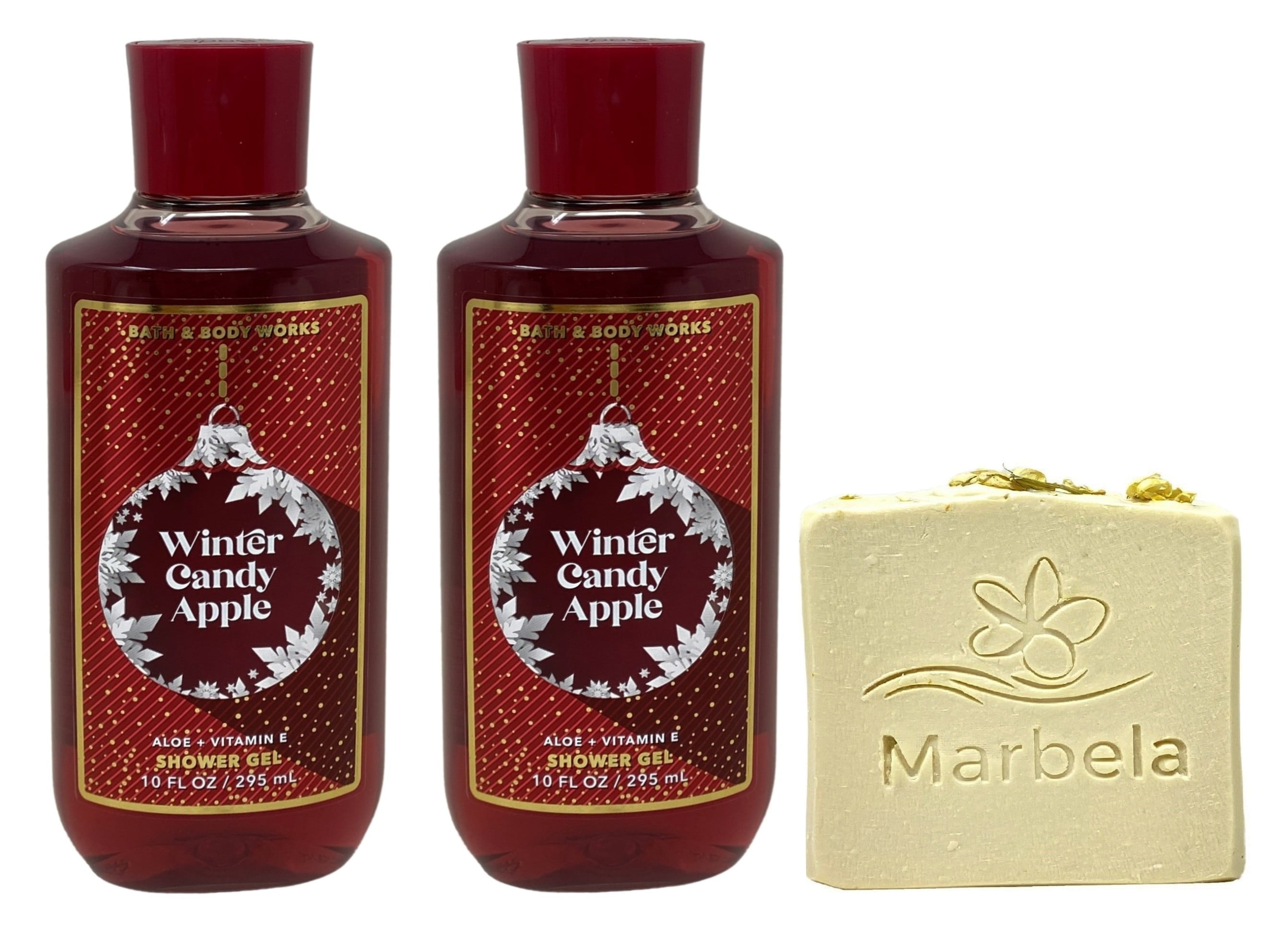 Bath & Body Works Winter Candy Apple Shower Gel 2 Pack with a Marbela Wild Jasmine Bar Soap.