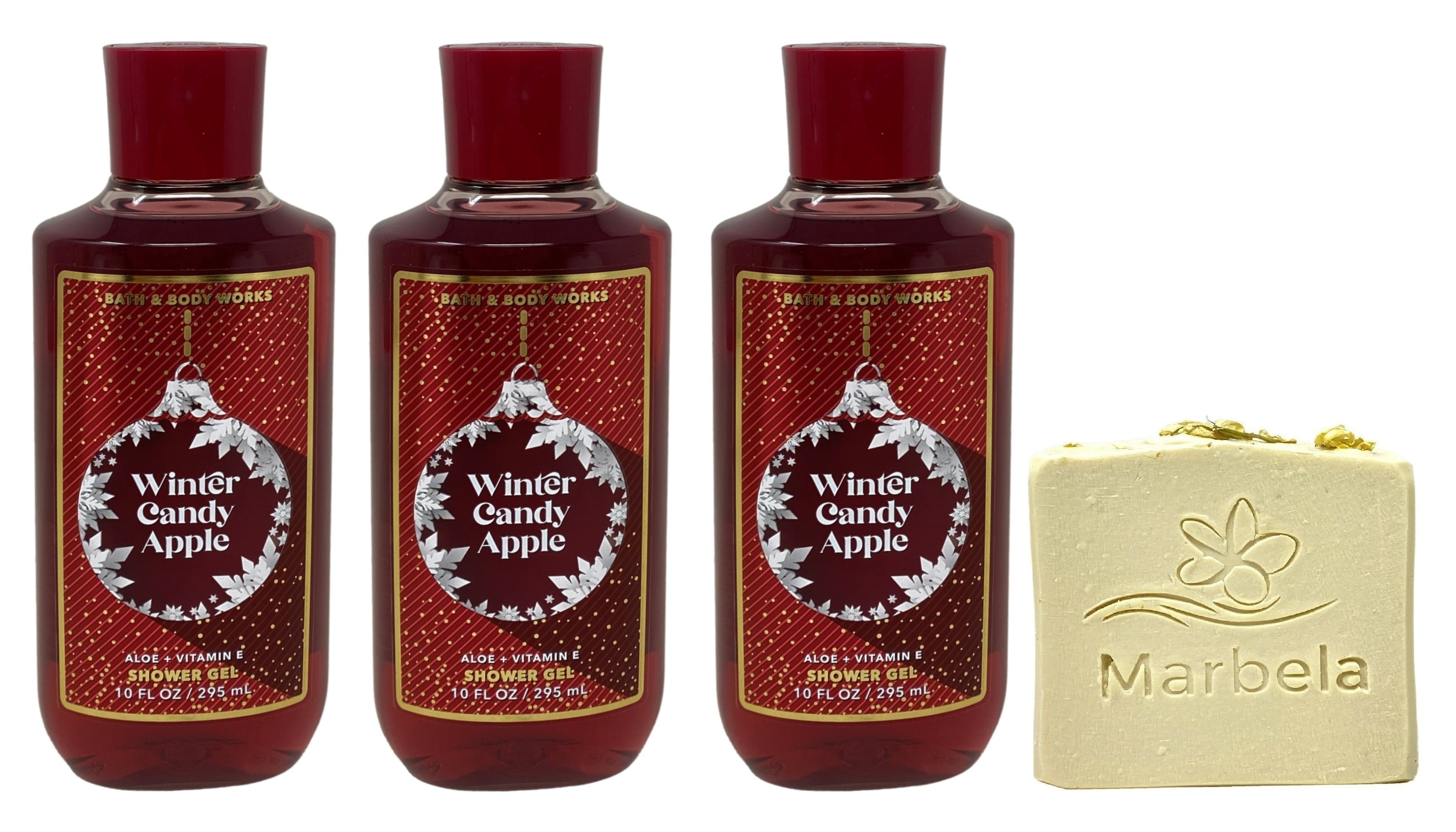 Bath & Body Works Winter Candy Apple Shower Gel 3 Pack with a Marbela Wild Jasmine Bar Soap.